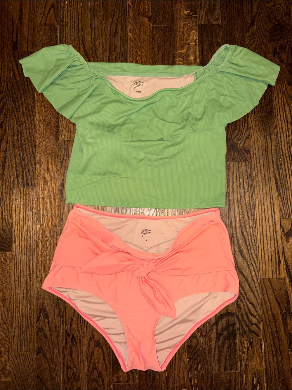 Kortni Jeane Green Ruffle Off-Shoulder Top & Pink High-Waist Tie Bikini Bottoms
